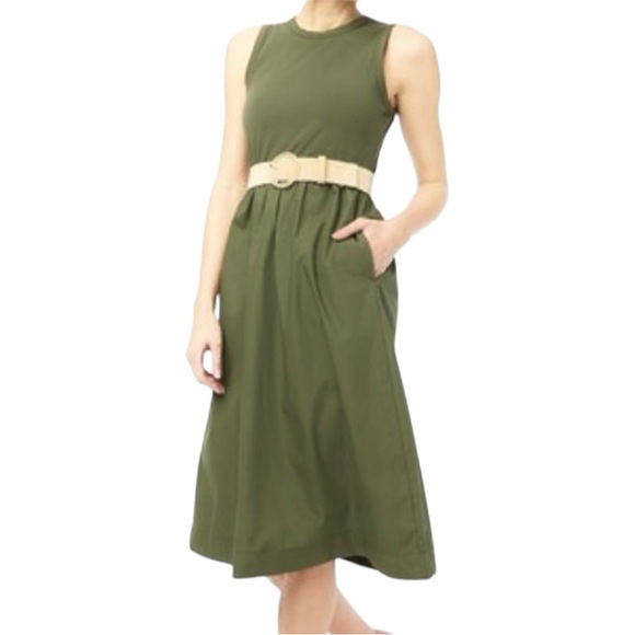 J Crew Olive Green Sleeveless Mixed Knit Midi Womens Size M Pockets Cotton - Picture 5 of 10